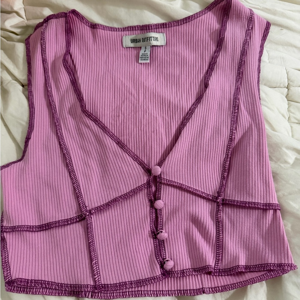 Urban Outfitters Pink Ribbed Contrast-Trim Button Crop Tank
